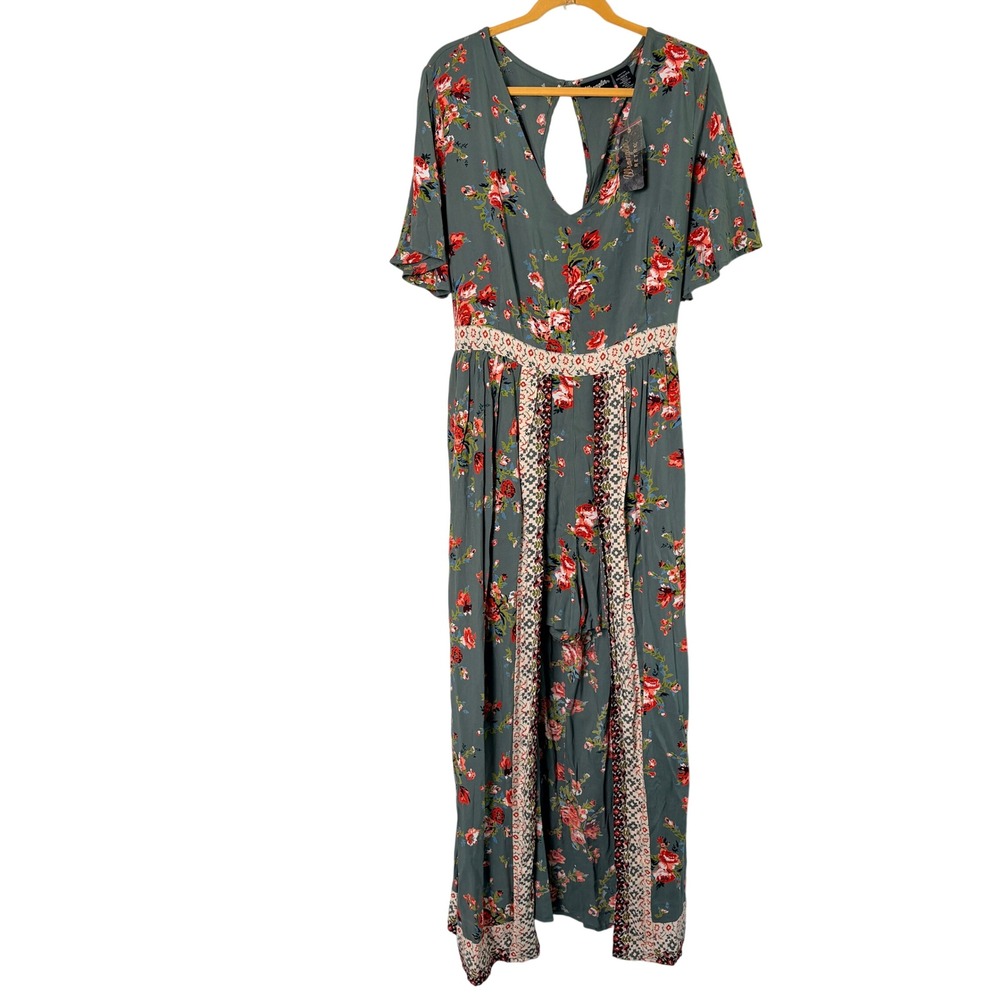 Wrangler Retro Romper Maxi Dress Size 3XL Green Floral LWK572M Short Sleeve NWT